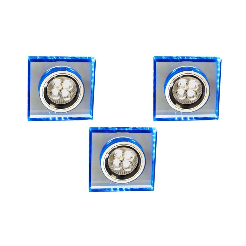 ZESTAW TRZECH OPRAW SS-22 CH/TR+BL GU10 50W+LED SMD 230V NIEBIESKI 2,1W CHROM OPR. STROP. STALA KWADRATOWA SZKLO TRANSPARENTNE 99-54753