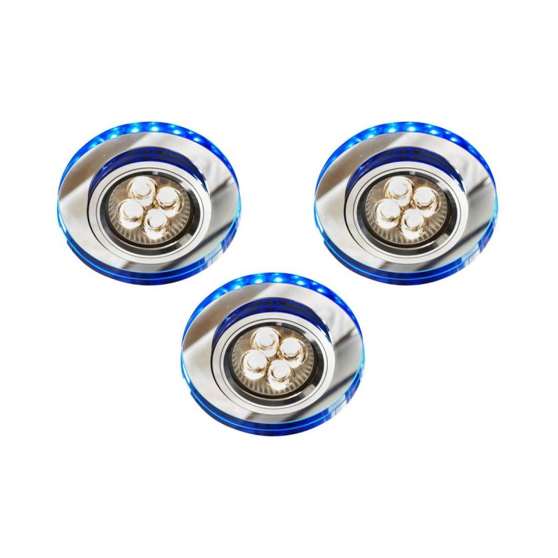 ZESTAW TRZECH OPRAW SS-23 CH/TR+BL GU10 50W+LED SMD 230V NIEBIESKI 2,1W CHROM OPR. STROP. STALA OKRĄGŁA SZKLO TRANSPARENTNE 99-54784