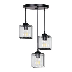 GLASSIA LAMPA WISZĄCA TALERZ CZARNY 3X40 E27 KLOSZ CZARNY+KRYSZTAŁY BEZBARWNE 33-21137