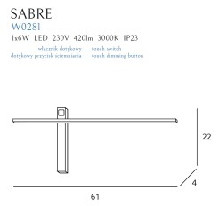 MAXLIGHT W0281 KINKIET SABRE 61 cm CZARNY IP23, ściemnialny z włącznikiem dotykowym