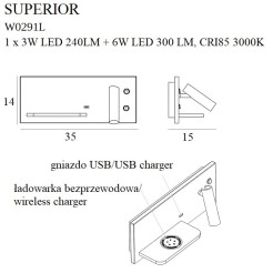 MAXLIGHT W0291L KINKIET SUPERIOR Z GNIAZDEM USB I ŁADOWARKĄ INDUKCYJNĄ BIAŁY