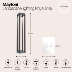 MAYTONI Słupek oświetleniowy Royal Mile 13W LED 680lm 3000K 80 CRI  O019FL-L12GR3K