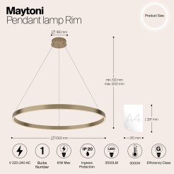 MAYTONI Lampa wisząca Rim 61W LED 3500lm 3000K 85 CRI  MOD058PL-L54BS3K