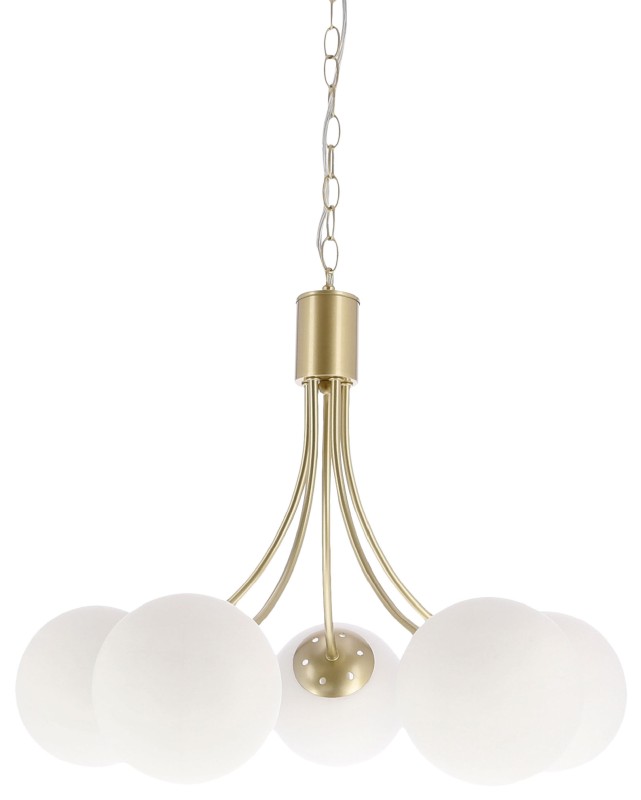Lampa wisząca Dani 5x40W E14 mosiądz, biały klosz, elegancka oprawa sufitowa do salonu, styl klasyczny i nowoczesny, pięć punktów światła 35-47762