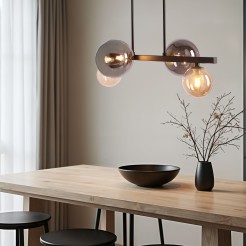 Lampa wisząca Kama 4x28W G9 czarna i złota, klosze grafitowe i bursztynowe, styl nowoczesny, elegancka oprawa sufitowa 34-47595